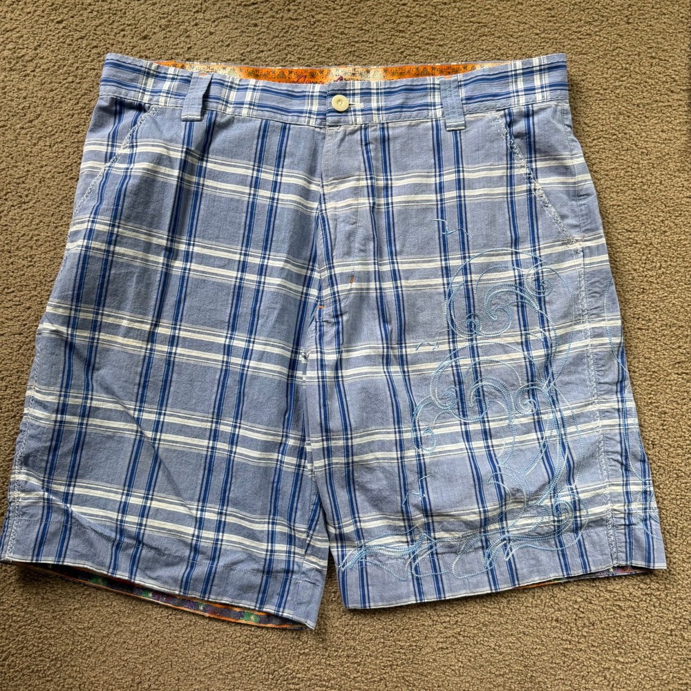 Robert Graham Plaid Shorts Men's 36 Blue Embroidered Stitch Flip Cuff